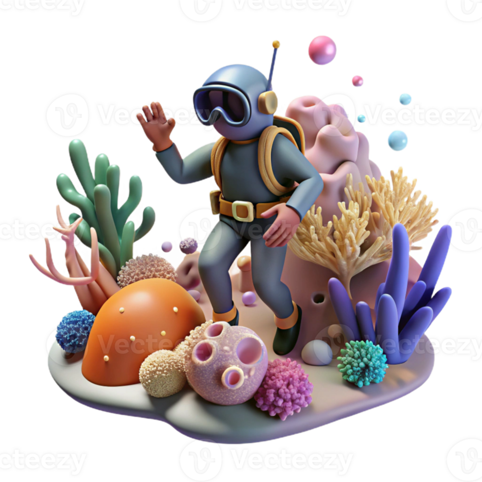 magnificent creative Coral Reef Transparent Background with Diver in Distance authentic png