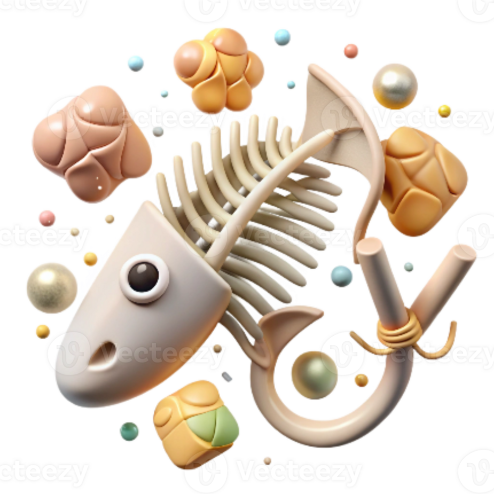 serene modern Fish Bones and Fishing Hook Isolated png