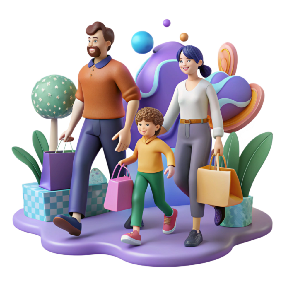 impressive abstract Family Walking in Park with Reusable Bags Isolated Element detailed png
