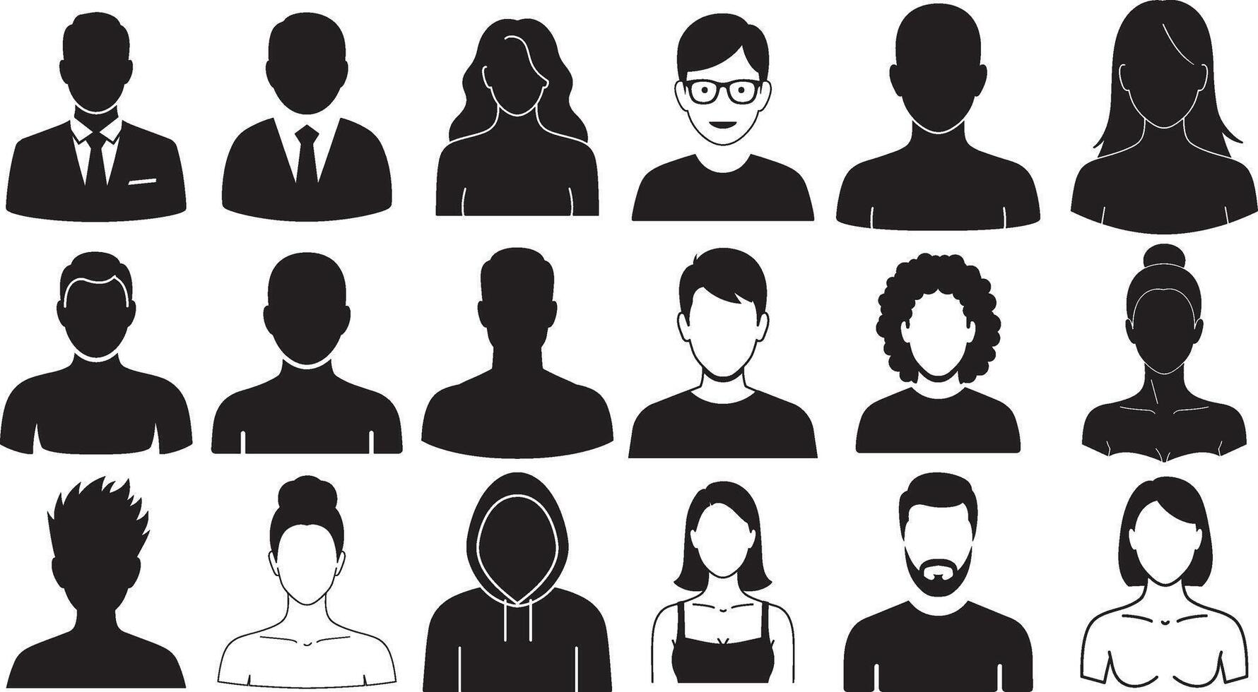 Flat Full Black Silhouettes of 18 Front-Facing Avatars in Various Hairstyles and Outfits, Minimal Upper Body Icons for Profile, UI, App, Business, or Web Use vector