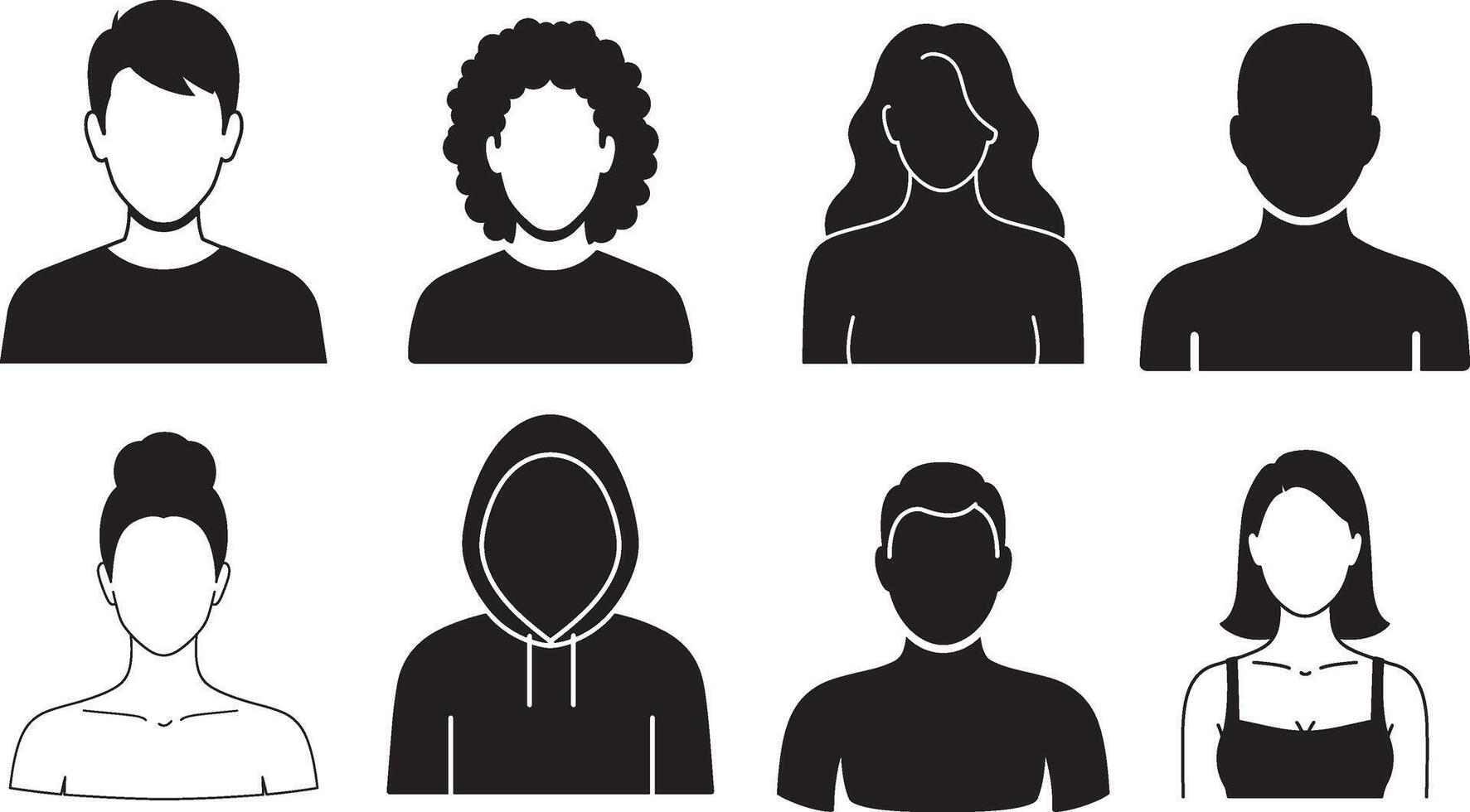 Collection of 8 Flat Full Black Upper Body Avatars in Front View, Including Male, Female, and Gender-Neutral Silhouettes for UI, App, or Profile Design vector