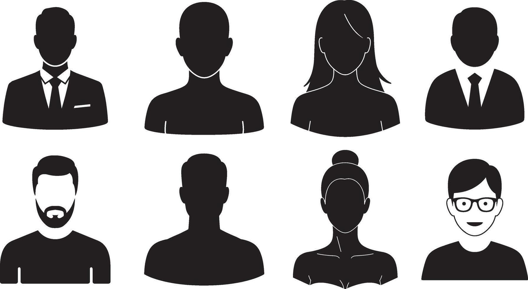 Set of 8 Flat Full Black Avatar Silhouettes Showing Front-Facing Minimalist Half-Body Icons in Different Hairstyles and Outfits for Profile or Interface Design vector