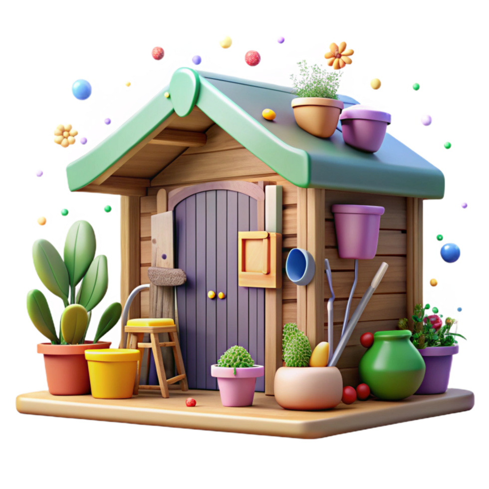 magnificent classic Community Garden Shed with Gardening Tools high quality png