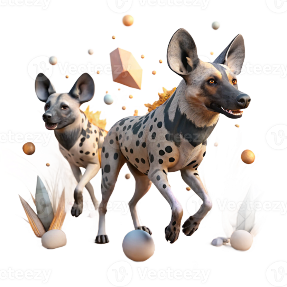 beautiful vintage African Wild Dog Pack Running in Dry Savannah Transparent Background professional png