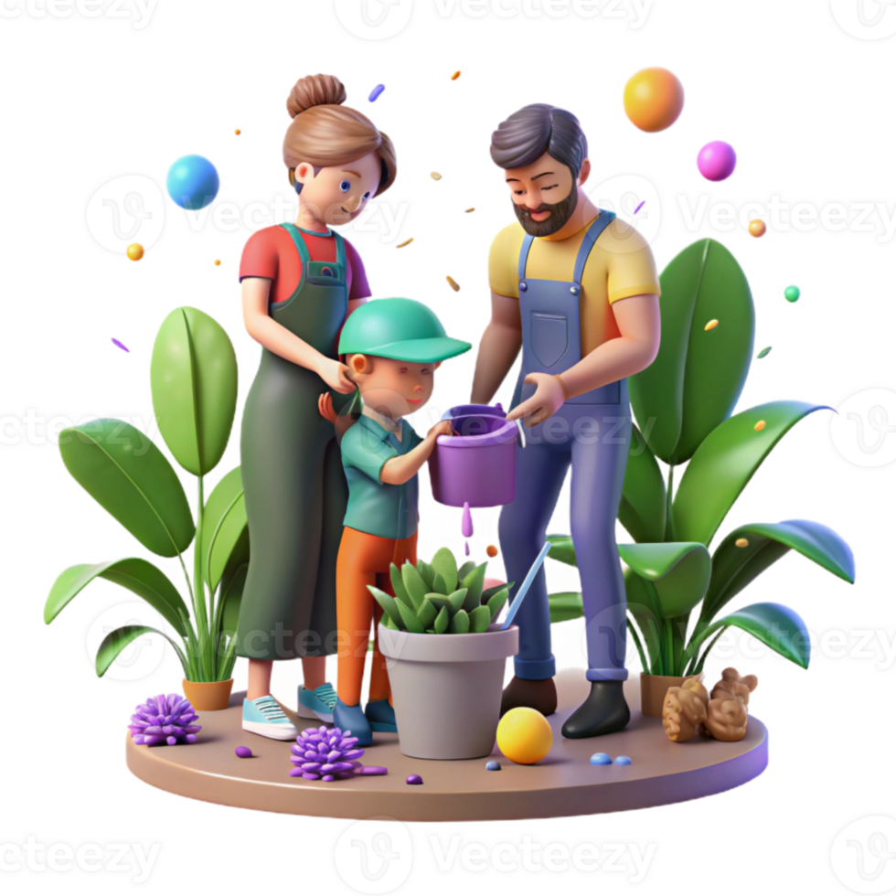 impressive minimalist Family Gardening Together Sunny Day Isolated original png