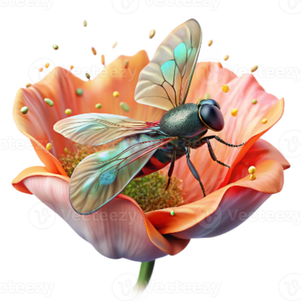 serene rustic Close Up of Hoverfly on Sunflower Transparent Background premium png