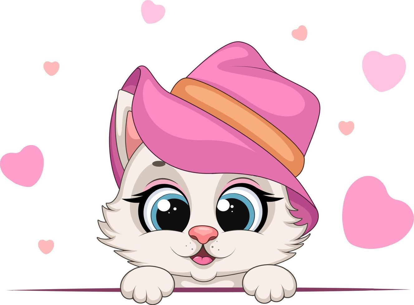 Cute kitten in a hat with hearts vector