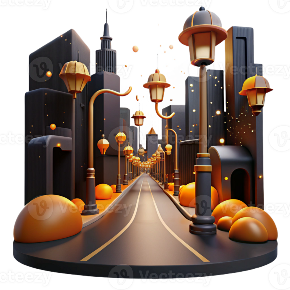 dramatic artistic Dark City Street with Green Streetlights Cutout high quality png