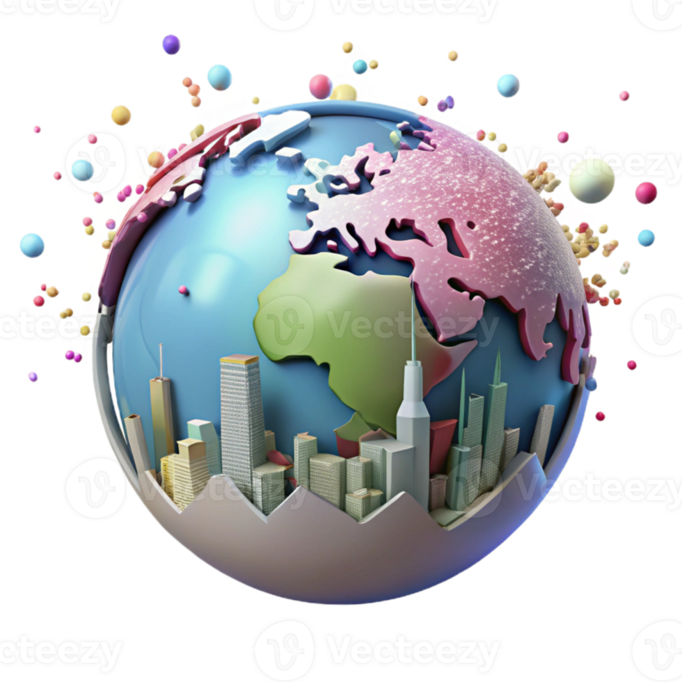 vibrant modern Earth Globe with City Skyline Silhouette Transparent Background professional png