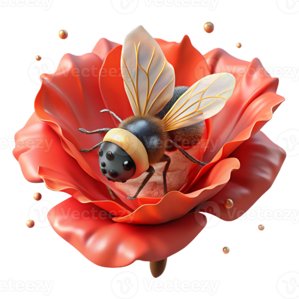vibrant abstract Bee on Red Poppy Flower Front View Transparent Background premium png
