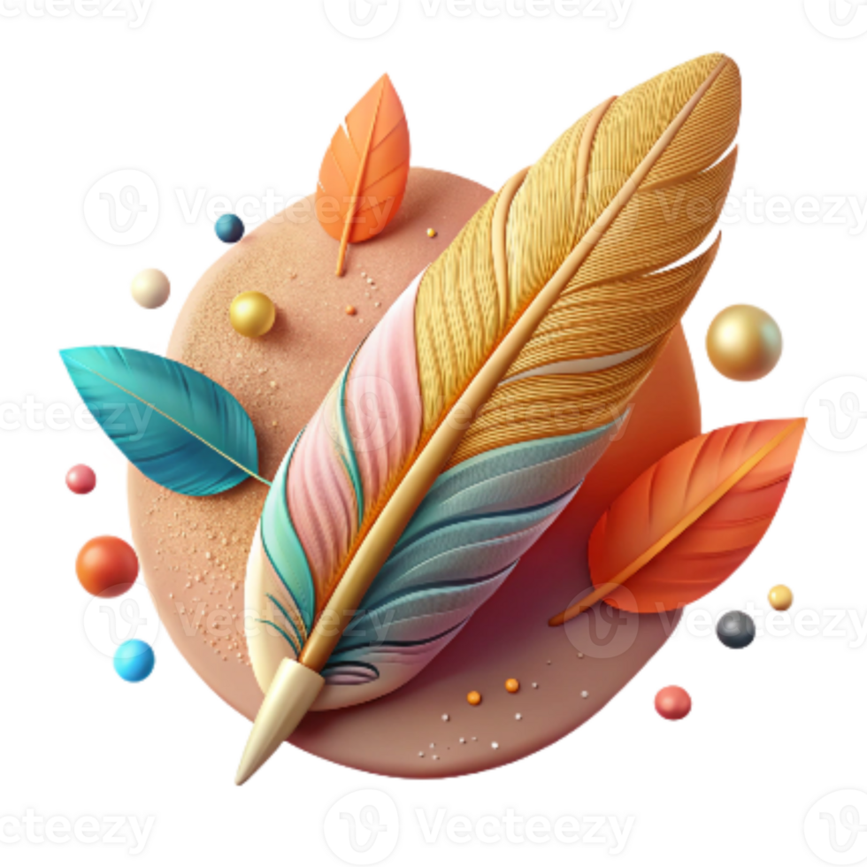 vibrant rustic Feather Resting on Leaf Autumnal Colors Transparent Background high resolution png