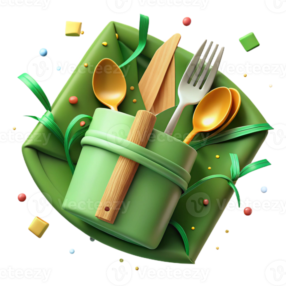 extraordinary creative Bamboo Cutlery Set with Green Napkin Isolated premium png
