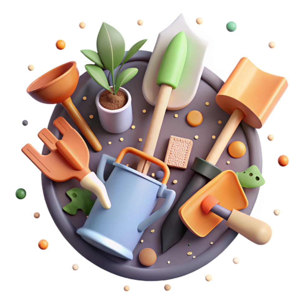 beautiful artistic Gardening Tools Set Top View Cutout Transparent Background premium png