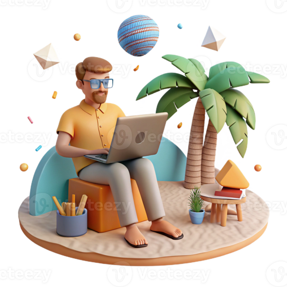 vibrant classic Digital Nomad with Laptop Beach View Isolated high resolution png