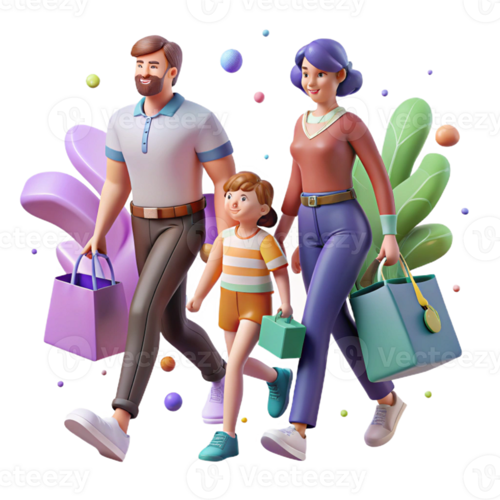 elegant abstract Family Walking in Park with Reusable Bags Isolated Element high resolution png