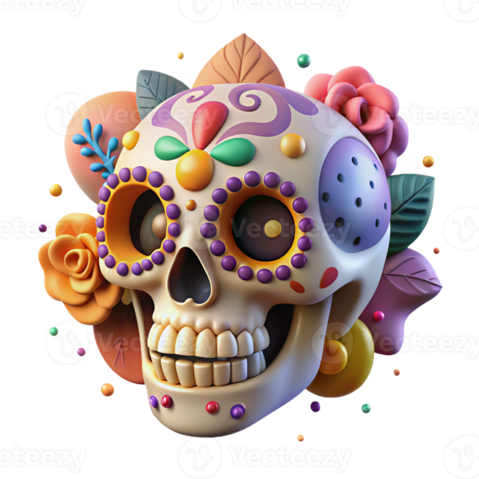 magnificent classic Day of the Dead Sugar Skull Vibrant Colors Isolated Cutout professional png