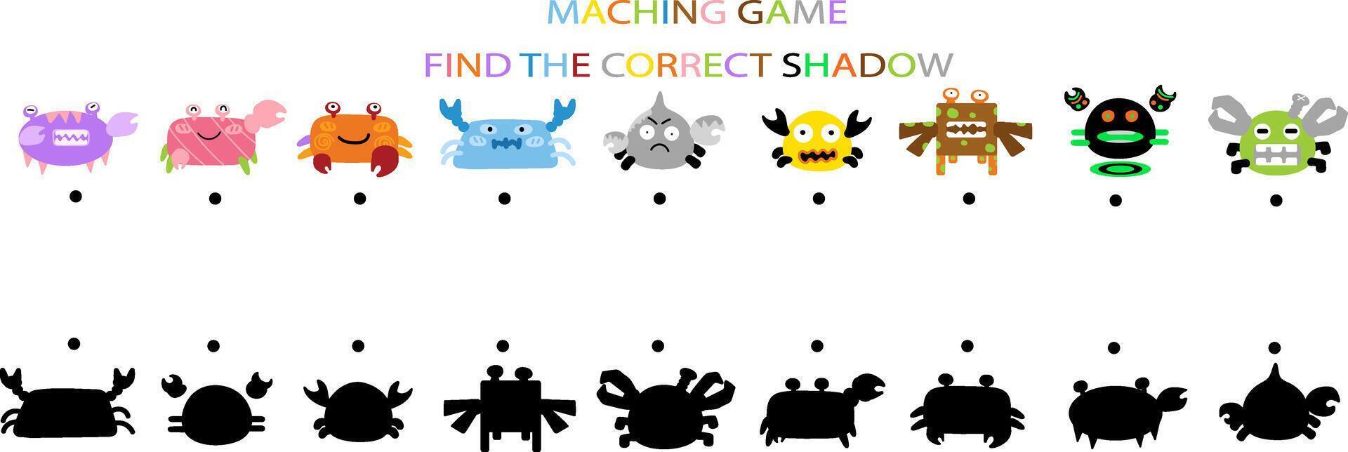 Colorful cartoon crabs with shadows for a matching game challenge. vector