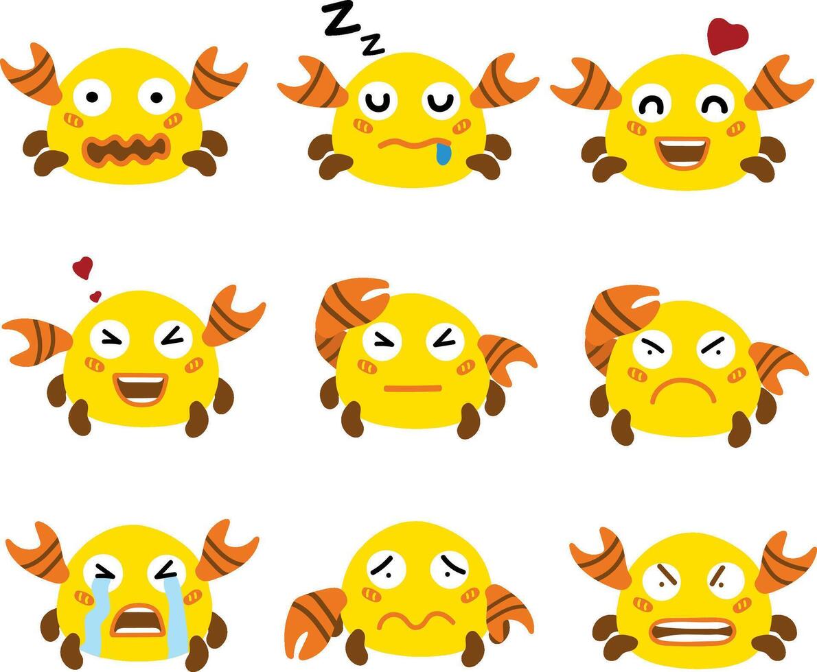 A colorful cartoon crab displaying a variety of facial expressions, including happy, sad, angry, and sleepy. vector