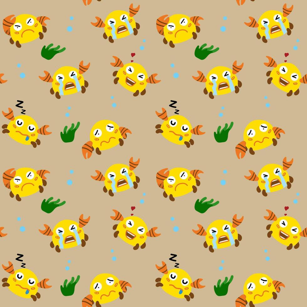 A playful, colorful pattern seamless featuring cartoon crab with various expressions and green seaweed elements vector