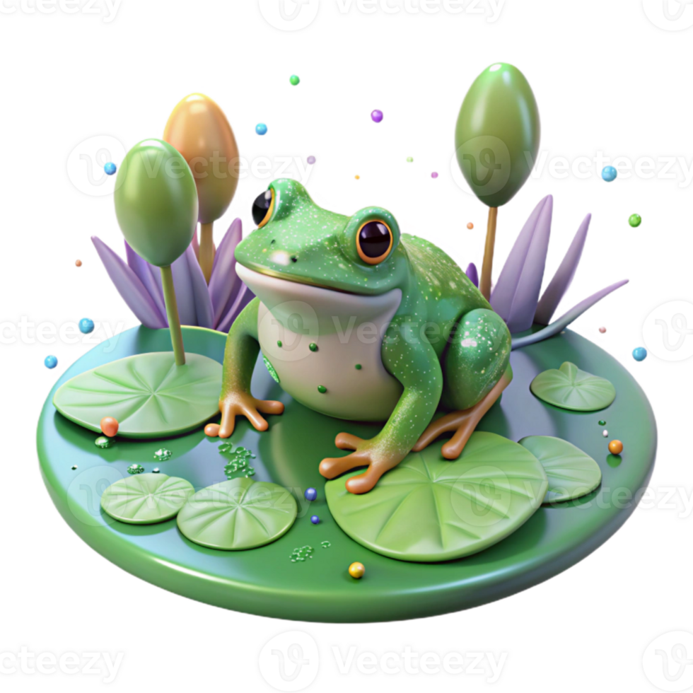 serene artistic Frog on Lily Pad Pond Scene Close Up Transparent Background professional png