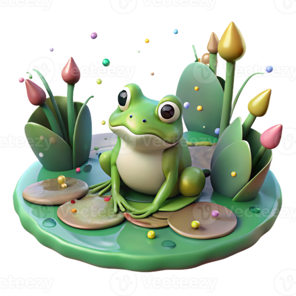 elegant modern Frog on Lily Pad Pond Scene Close Up Transparent Background png