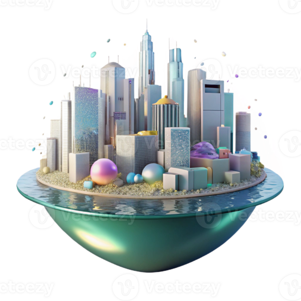 elegant modern City Skyline Reflection in Water Isolated authentic png