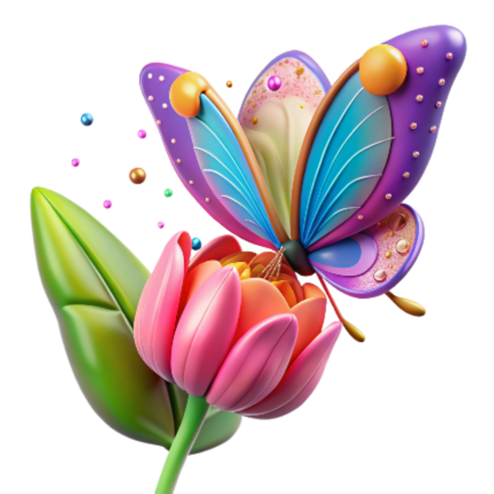 vibrant minimalist Brightly Colored Butterfly on Budding Flower Isolated original png