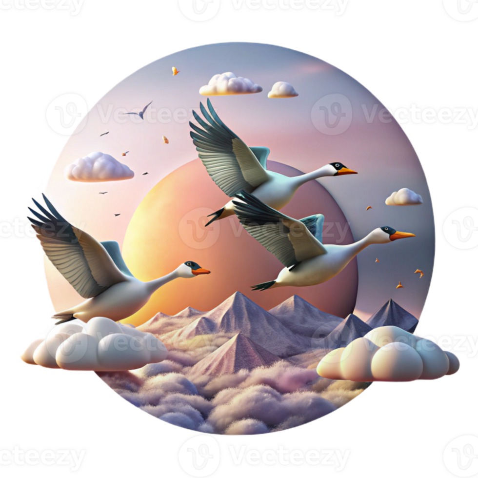 wonderful minimalist Flying Geese Migration Formation Isolated Sunset Clouds Transparent Background detailed png