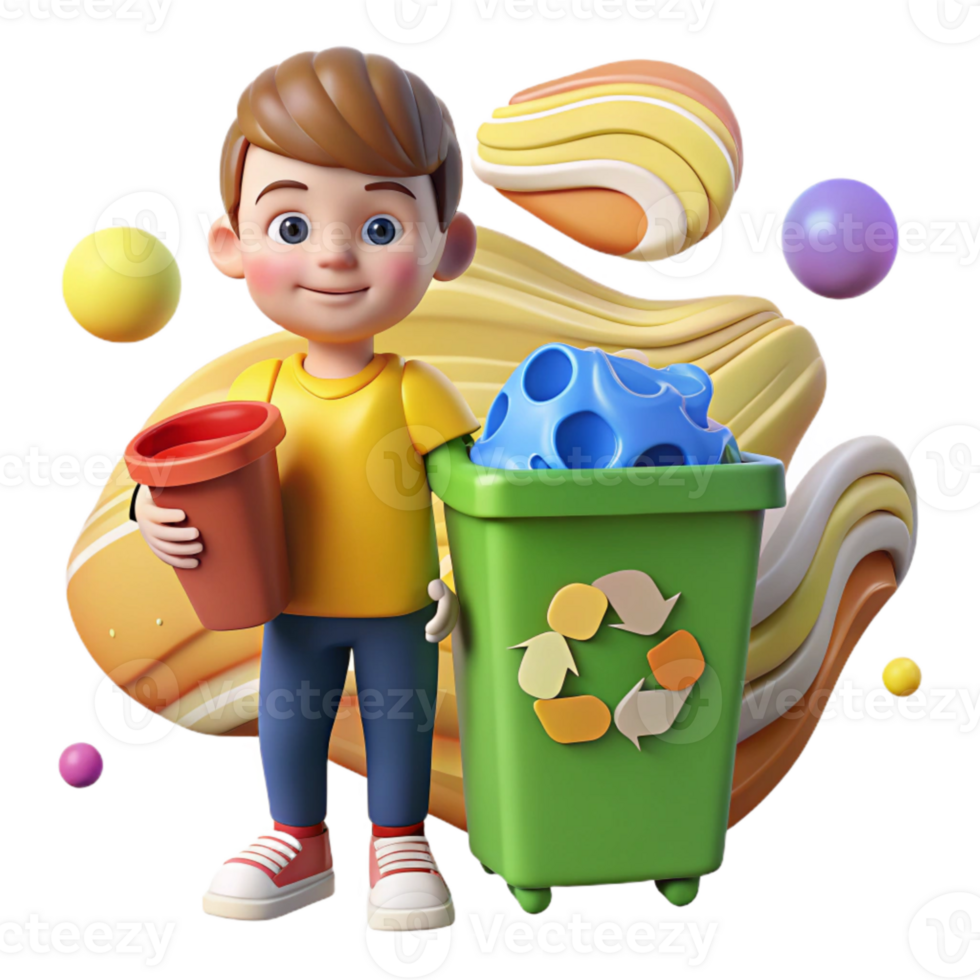 serene contemporary Child Holding Recycling Bin with Colorful Plastics Cutout png