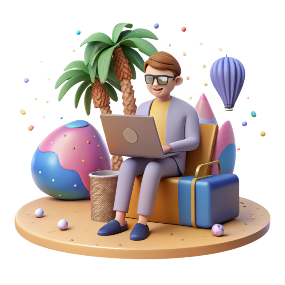 beautiful classic Digital Nomad with Laptop Beach View Isolated professional png
