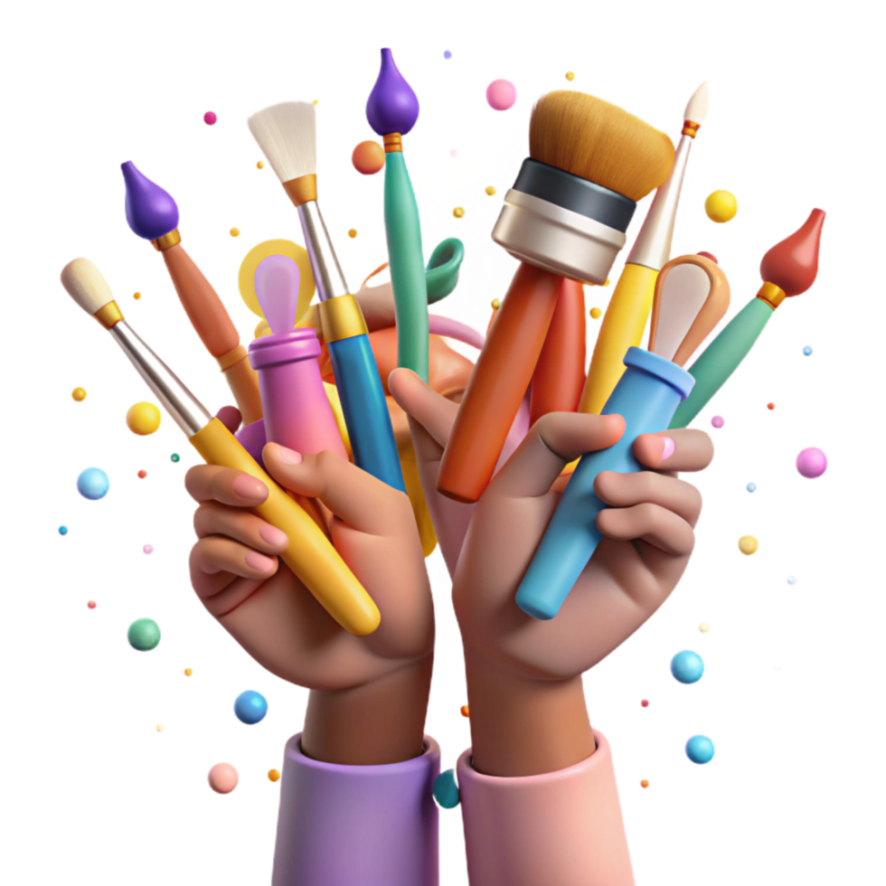 impressive artistic Diverse Hands Holding Paintbrushes Creativity Symbol Transparent Background genuine png