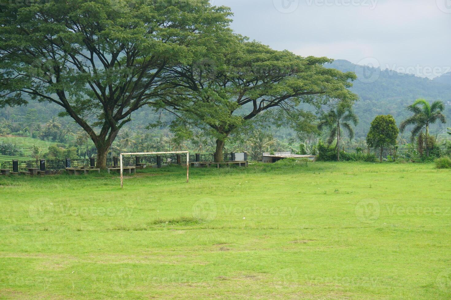 Lush green field soccer goal, hill background, rural area, idyllic setting photo