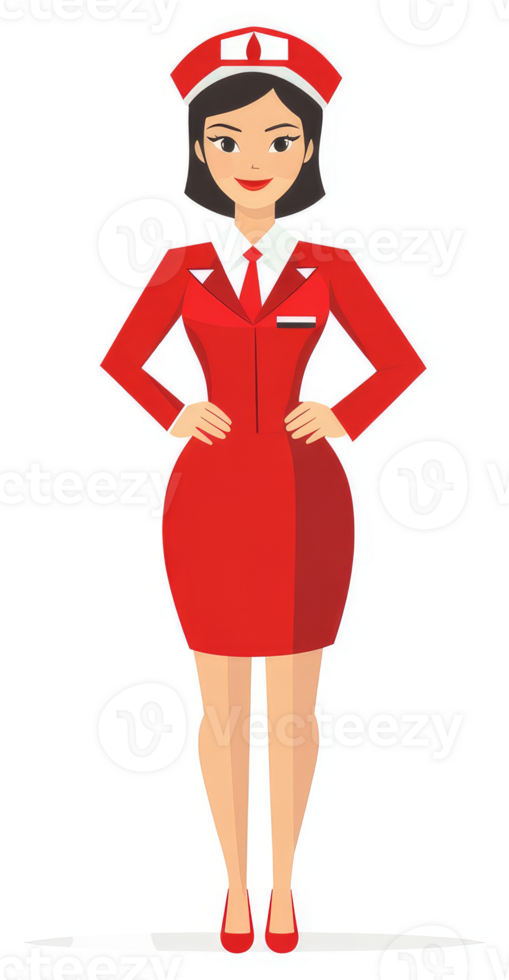 A cartoon illustration of a female flight attendant in a red uniform. png