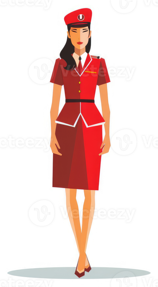 A stylized illustration of a woman in a red and maroon uniform. png