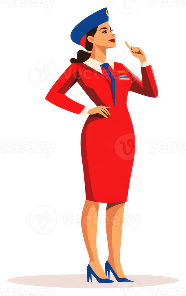 A woman in a red uniform with a blue hat, pointing. png