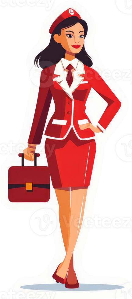 A professional female flight attendant in a red uniform with a briefcase. png