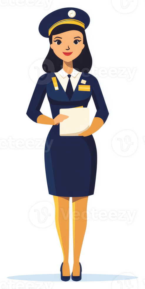 A professional woman in a navy uniform holding documents. png