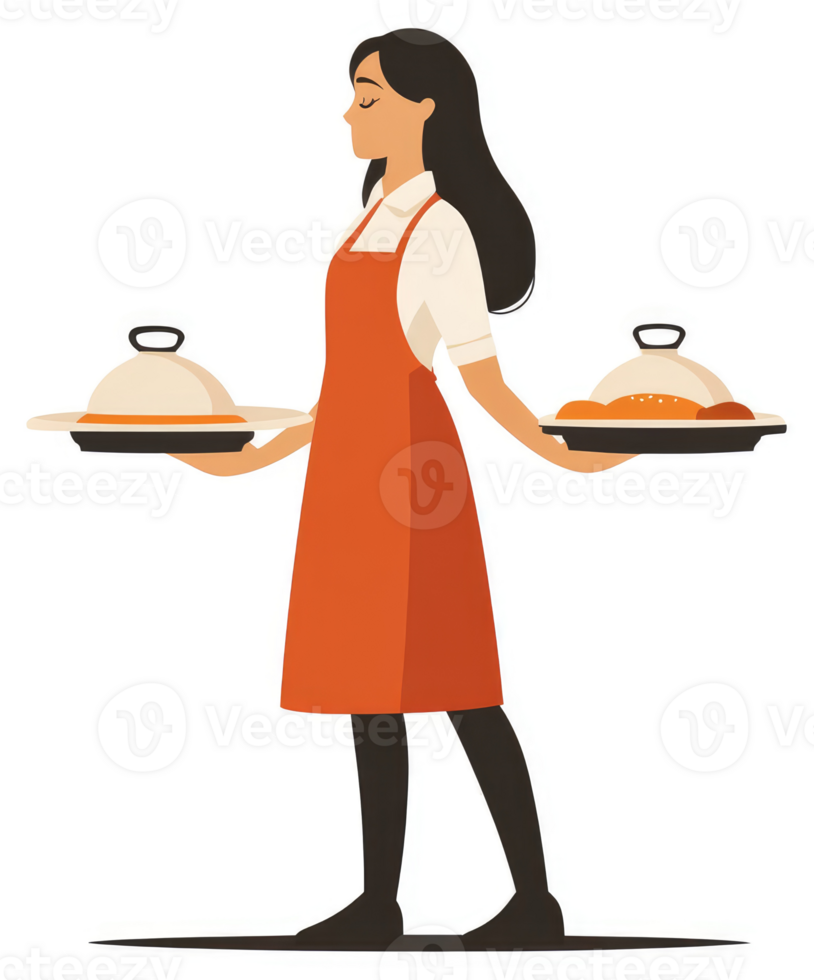 A woman in an apron carrying trays of food. png