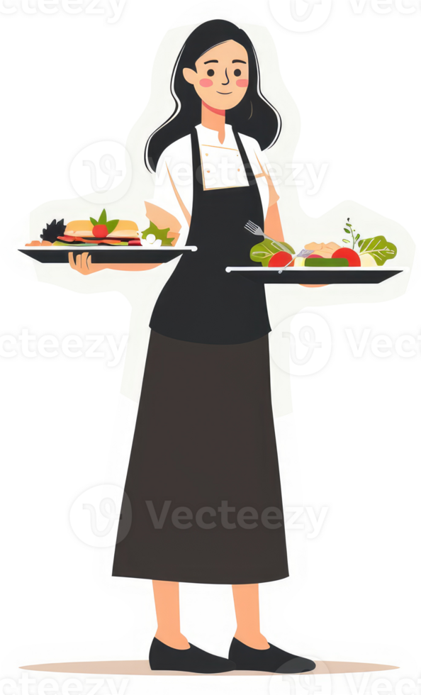 A smiling woman in a chef's uniform serving food on trays. png