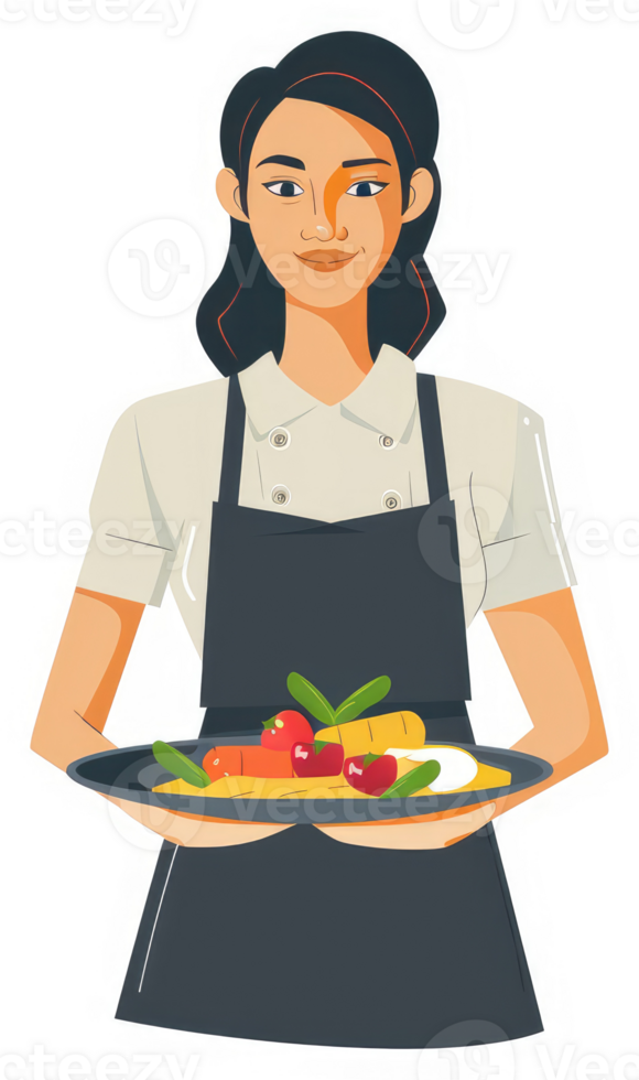 A smiling woman server holding a tray of assorted colorful vegetables. png
