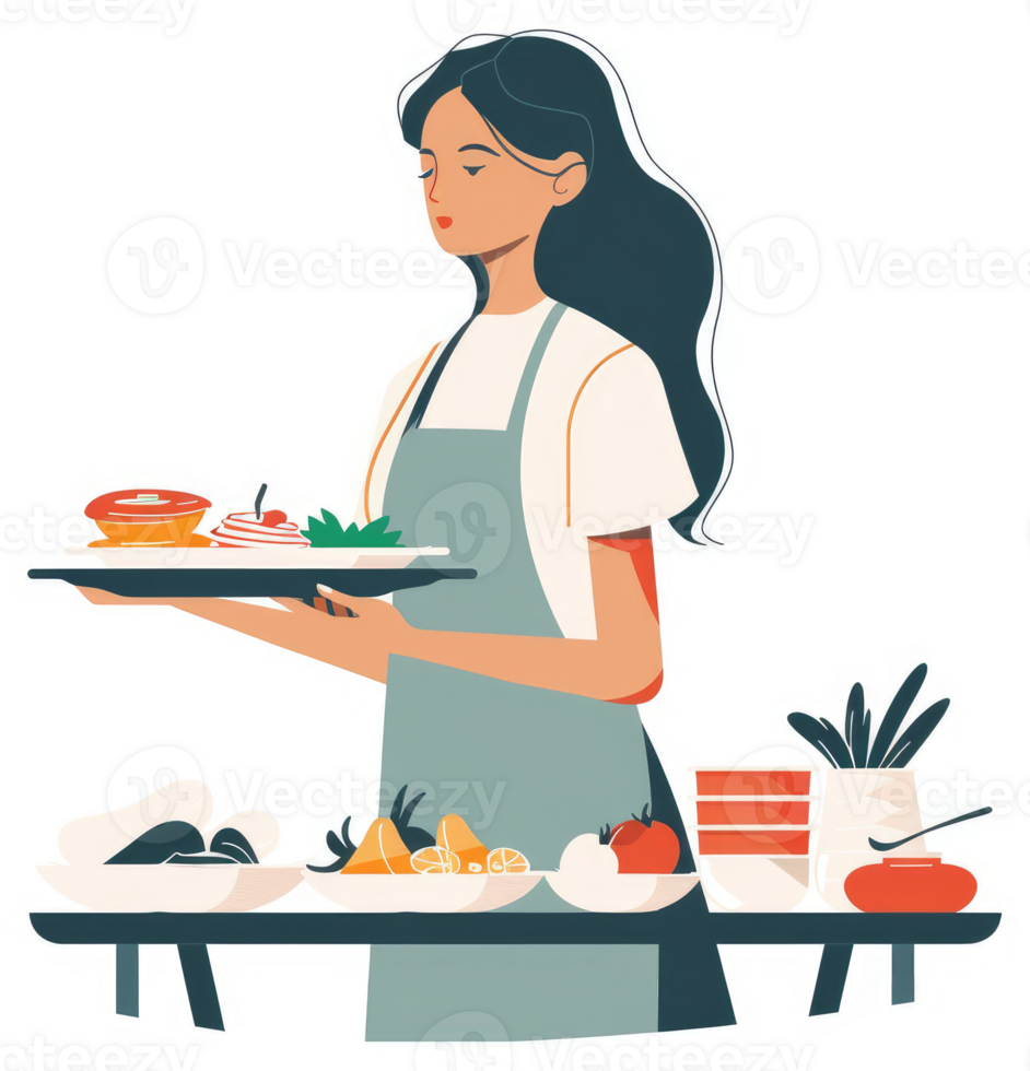 A woman in an apron serves food on a tray. png