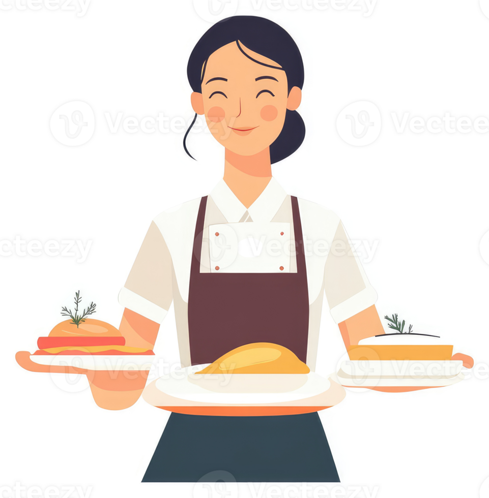 A cheerful server holding various culinary delights. png