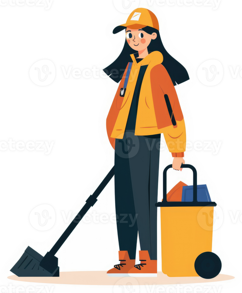 A young person in a bright orange and yellow jacket cleans up trash with a broom and a bin. png