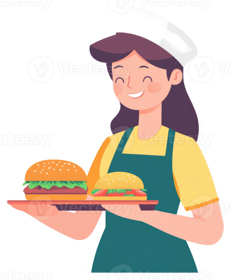 A cheerful woman in an apron, holding a tray of delicious burgers. png