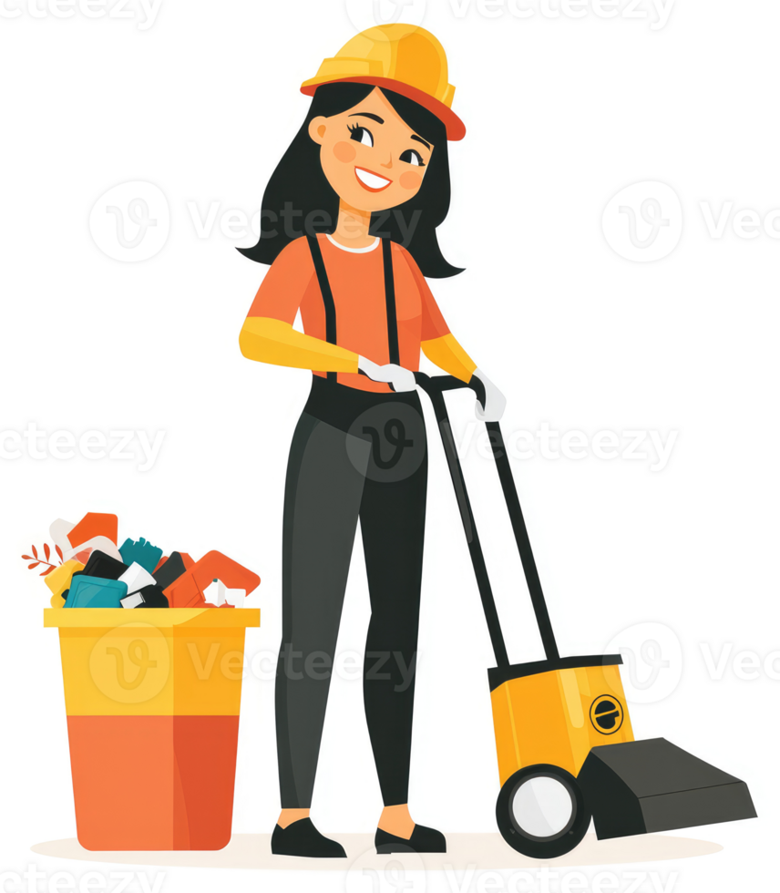 A woman in uniform pushes a cleaning machine to collect trash. png