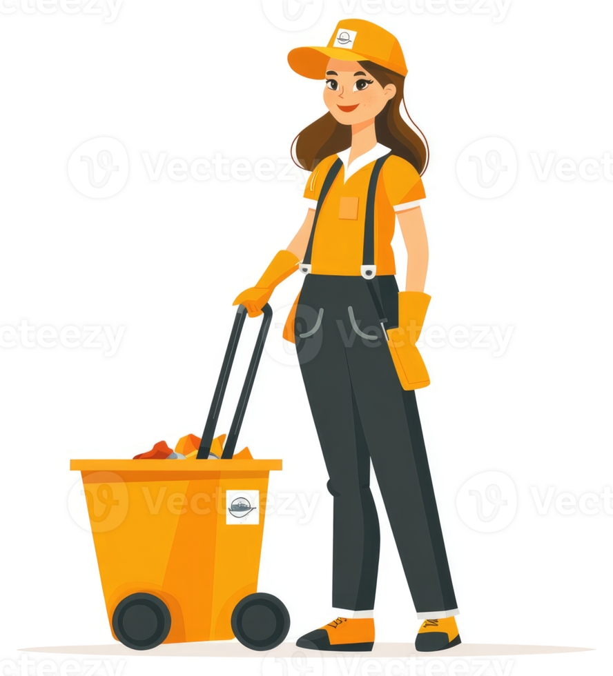 A woman in uniform pushing a full trash cart. png