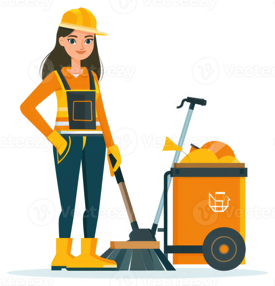 A female sanitation worker with a cleaning cart and tools. png
