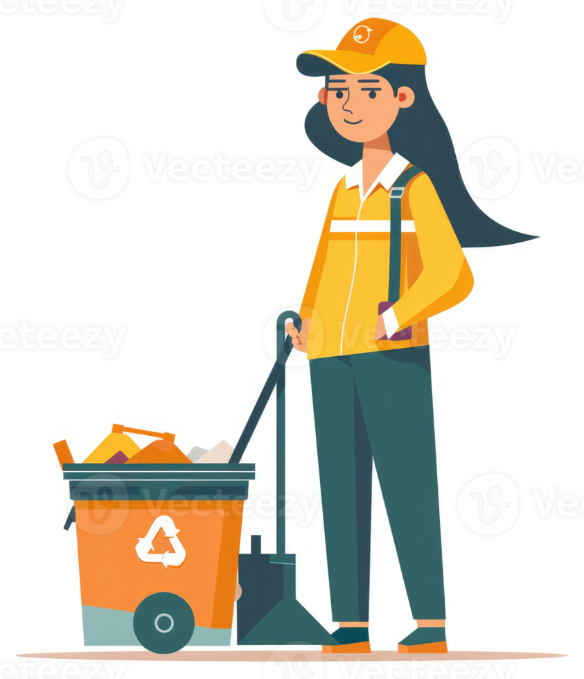 A cheerful sanitation worker pushing a recycling cart. png
