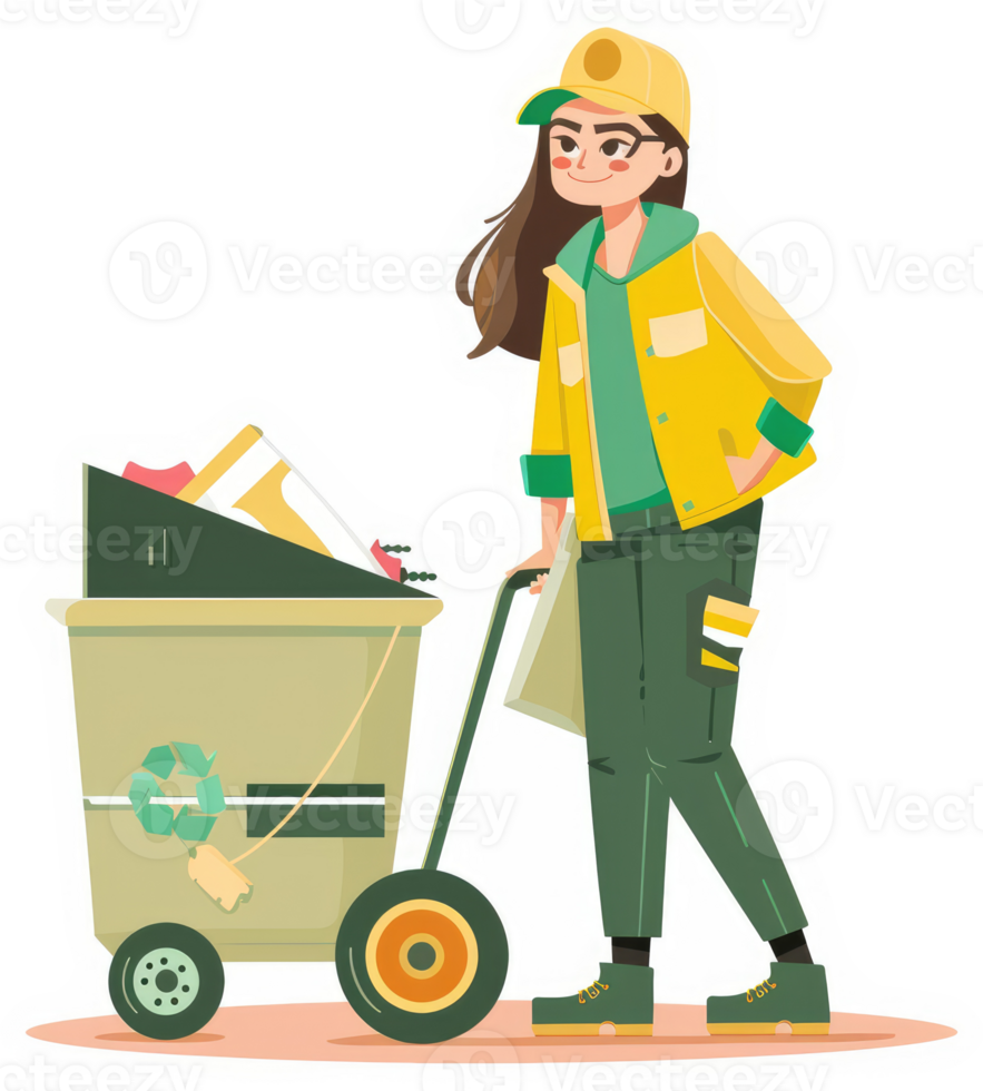 A young woman pushing a recycling cart full of assorted items. png