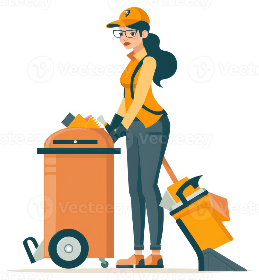 A female sanitation worker empties a large trash container. png